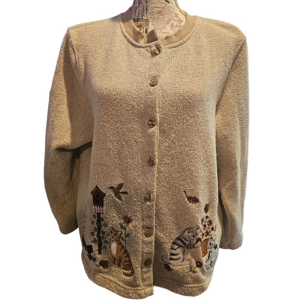 BonWorth Cardigan Sweater Sz L/P Womens Cat Birds Stitched Grandmacore Vtg Beige